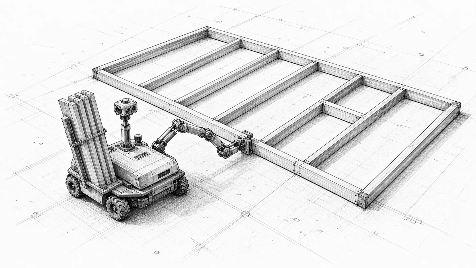 Black and white concept sketch of Cub, a small autonomous robot assembling a stud wall frame flat on the ground.