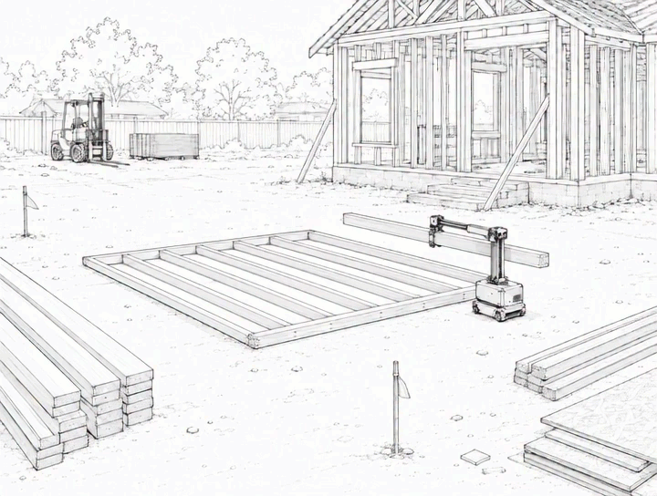 Animated field footage of Cub assembling a stud wall frame.