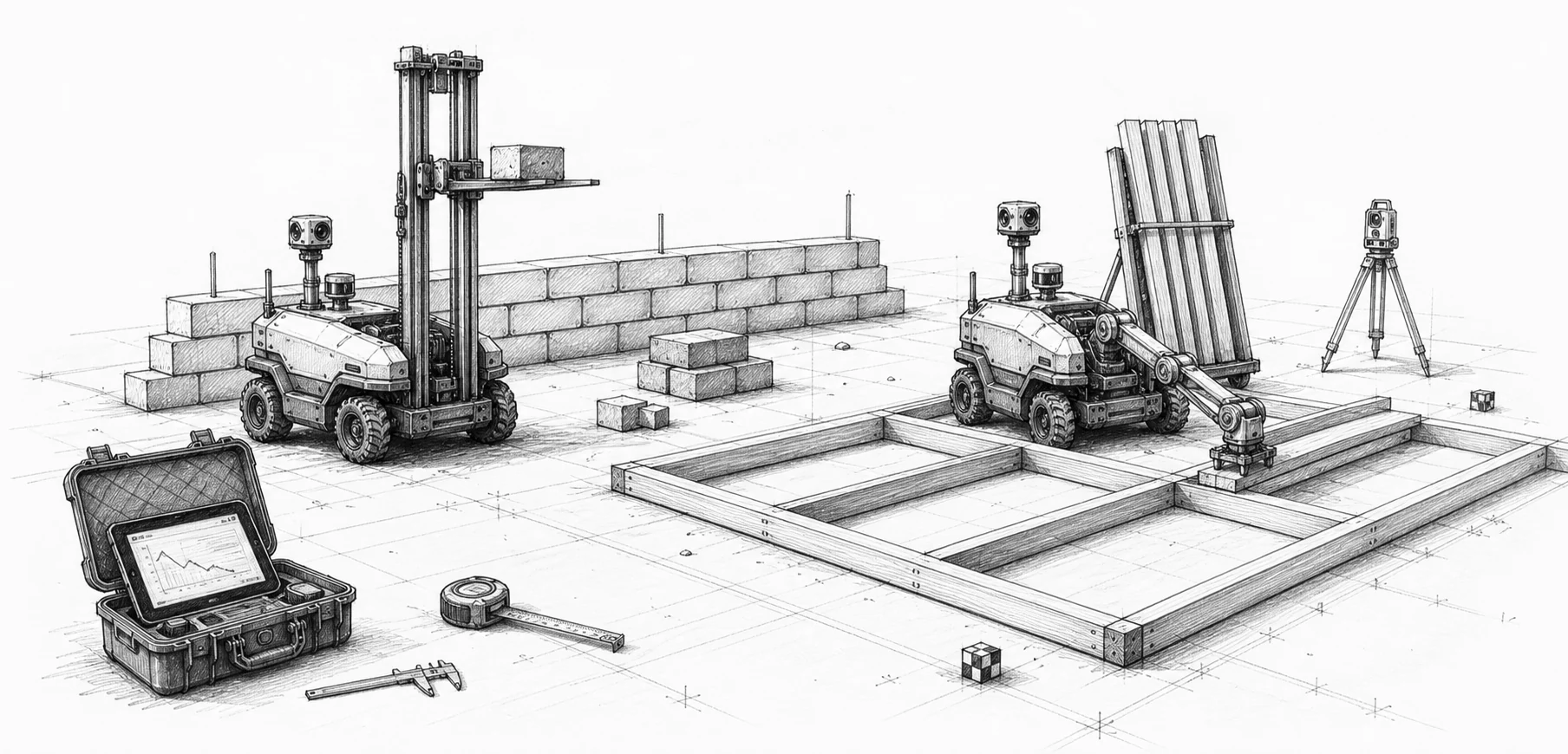 Black and white engineering sketch of small construction robots working in a measured test bay.