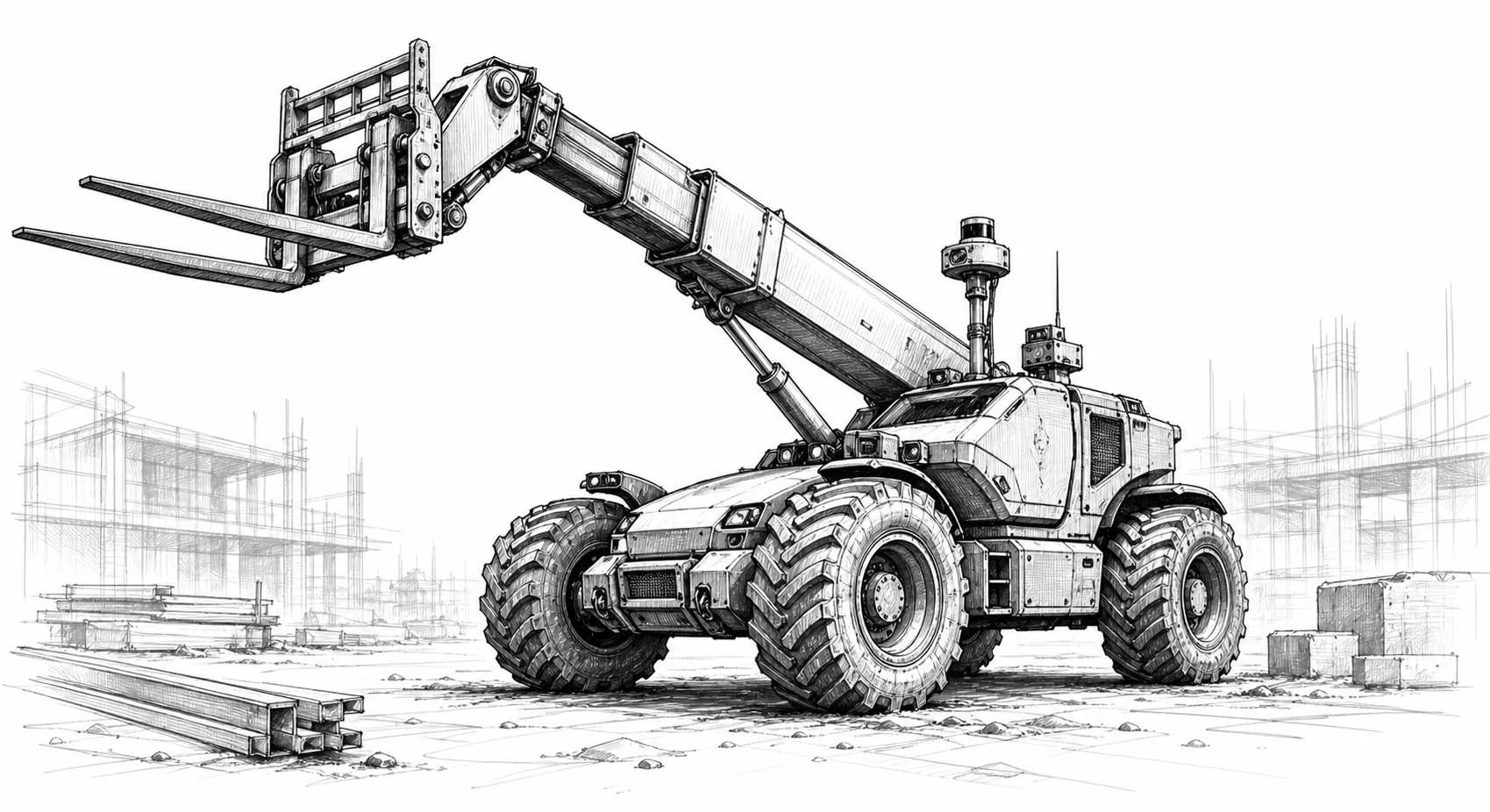 Black and white sketch of Grizzly, an autonomous telehandler with an extended boom.