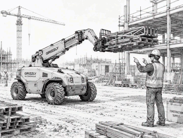 Animated field footage of Grizzly running materials across a jobsite.