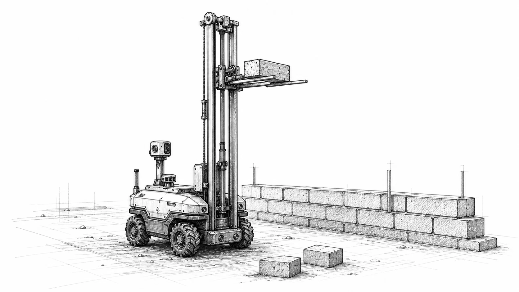 Black and white concept sketch of Leia, a small autonomous brick robot with a tall mast lifting one brick.