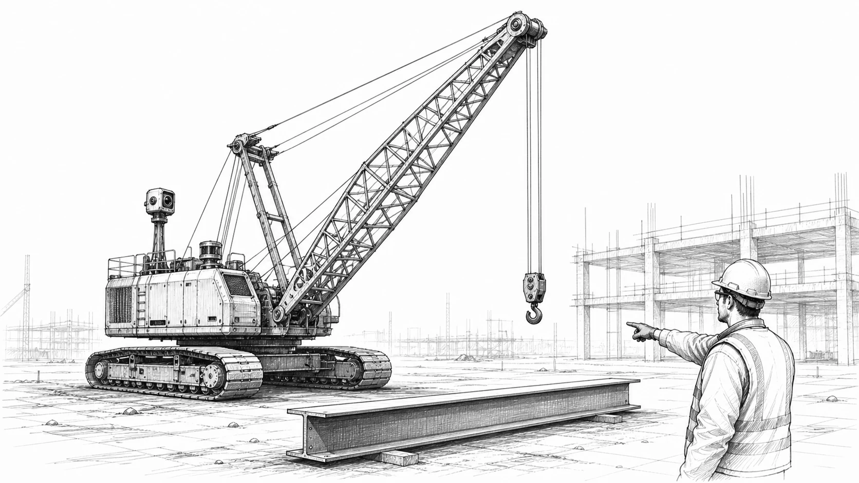 Wide black and white concept sketch of Polar, an autonomous crane lifting near a steel beam while a worker points.